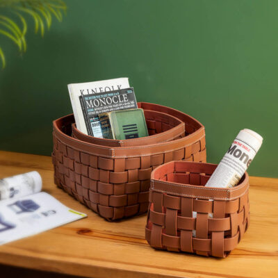 Three Sixty Degree | Wabi Sabi - Storage Baskets | Recycled Leather | Cognac | Set of 3
