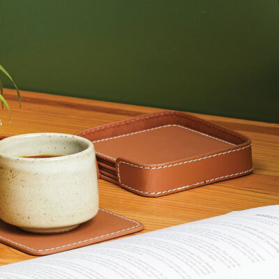 Three Sixty Degree | Square Coasters | Recycled Leather | Cognac | Set of 6